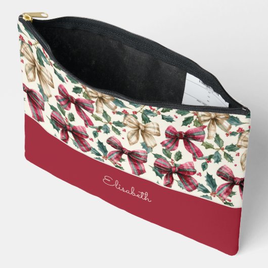 Custom Girly Red Bow with Holly Christmas Pattern Zubehörtasche (Offen)
