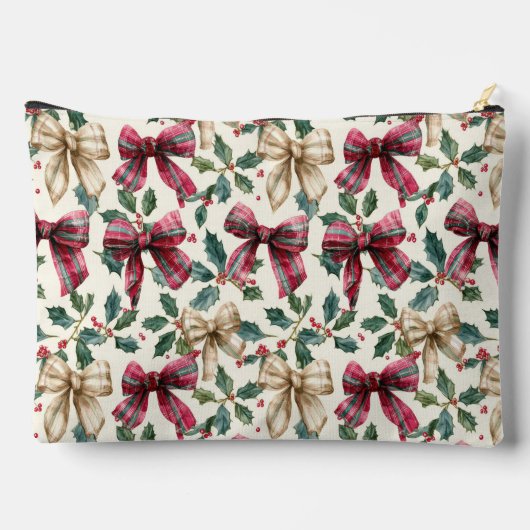 Custom Girly Red Bow with Holly Christmas Pattern Zubehörtasche (Rückseite)