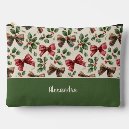 Custom Girly Red Bows with Holly Christmas Pattern Zubehörtasche (Vorderseite)