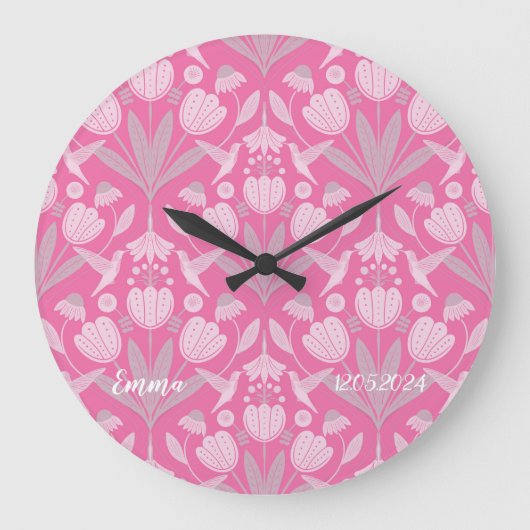 Custom girly rose pink Scandi hummingbirds floral Große Wanduhr (Vorderseite)
