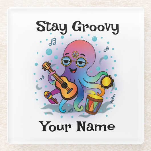 Custom Glass Coaster | Retro Octopus | Name & Text Glasuntersetzer (Vorderseite)