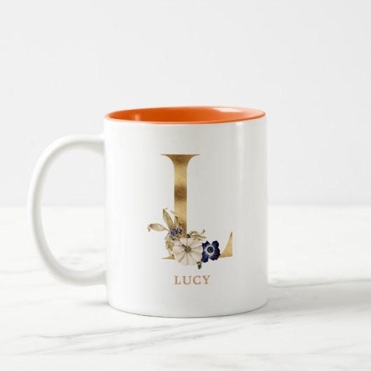 Custom Gold Alphabet L Monogram | Floral Pumpkin Zweifarbige Tasse (Links)