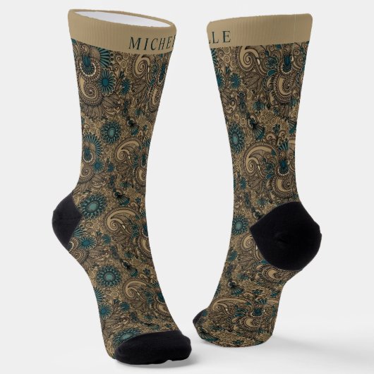 Custom Gold Black Aquamarin Blue Paisley Muster Socken (Gewinkelt)