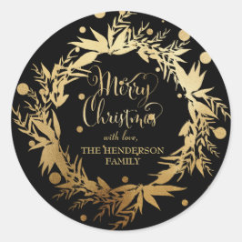 Custom Gold Black Christmas Eucalyptus Wreath Runder Aufkleber