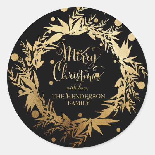 Custom Gold Black Christmas Eucalyptus Wreath Runder Aufkleber (Vorderseite)