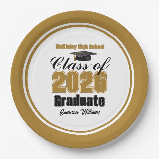 Custom Gold Black Class of 2026 Graduation Party Pappteller (Vorderseite)