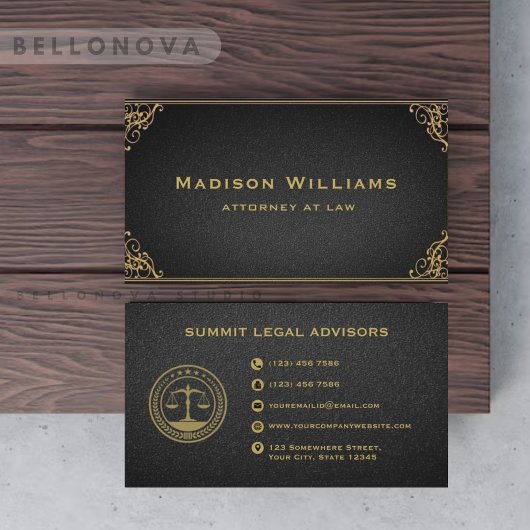 Custom Gold Black Monogram Law Office Visitenkarte