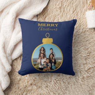 Custom Gold Blue 2 Foto Ornamente Weihnachten Kissen