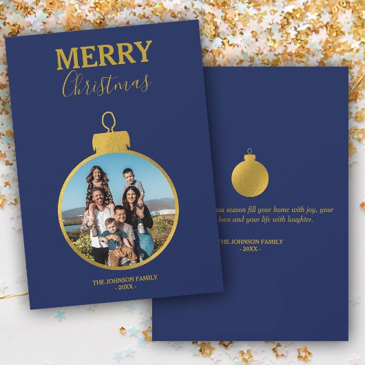Custom Gold Blue Photo Ornaments Christmas Feiertagskarte