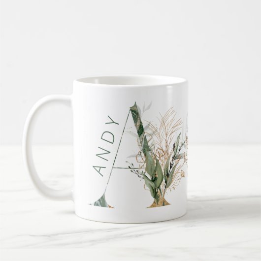 Custom Gold Botanic Eucalyptus Monogram Kaffeetasse (Links)