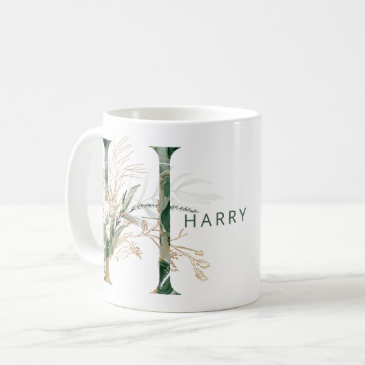 Custom Gold Botanical Eucalyptus Monogram "H" Kaffeetasse (Vorderseite Links)