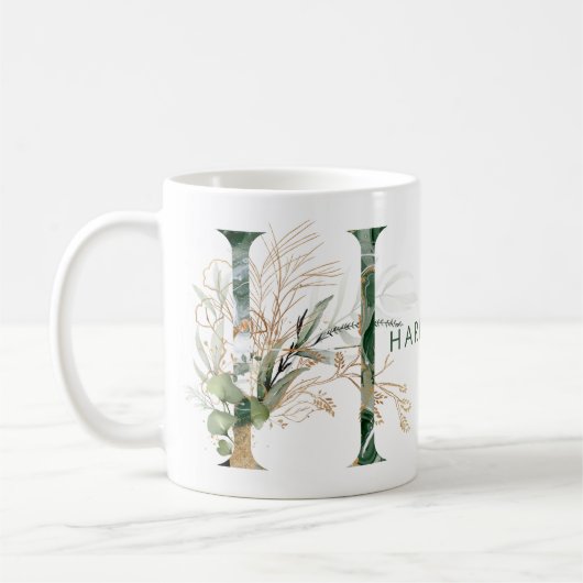 Custom Gold Botanical Eucalyptus Monogram "H" Kaffeetasse (Links)