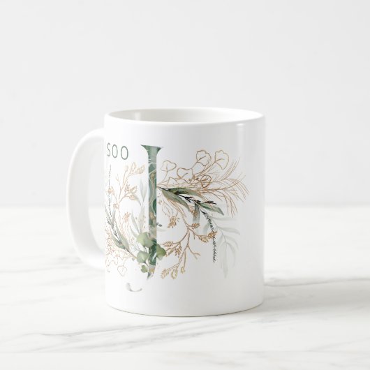 Custom Gold Botanical Eucalyptus Monogram "J" Kaffeetasse (Vorderseite Links)