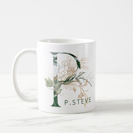 Custom Gold Botanical Eucalyptus Monogram "P" Kaffeetasse (Links)