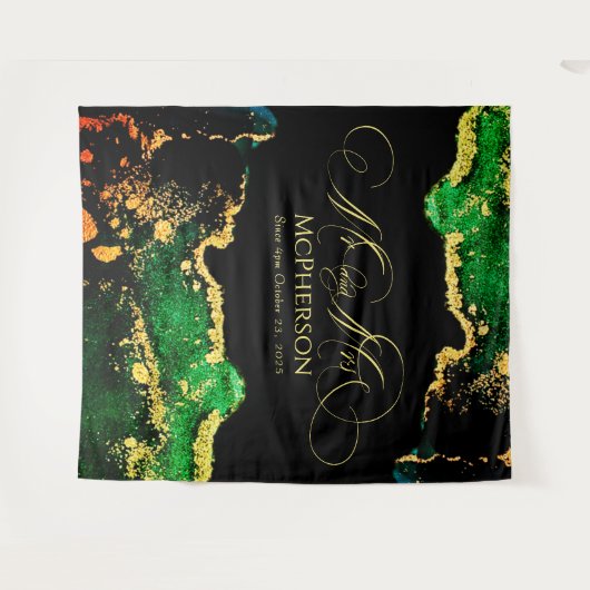Custom Gold Calligraphy Green Black Wedding Foto Wandteppich (Vorderseite (Horizontal))