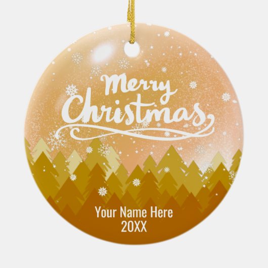 Custom Gold Crystal Snow & Forest Frohe Weihnachte Keramik Ornament (Hinten)
