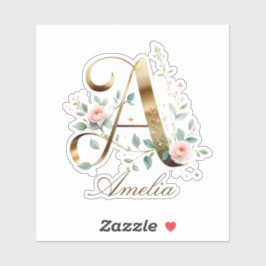 Custom Gold Floral Letter A Vinyl Heart Sticker