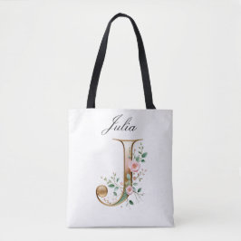 Custom Gold Floral Letter J All-Over Print Tote Tasche