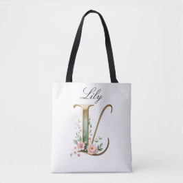 Custom Gold Floral Letter L All-Over Print Tote Tasche