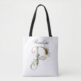 Custom Gold Floral Letter P All-Over Print Tote Tasche