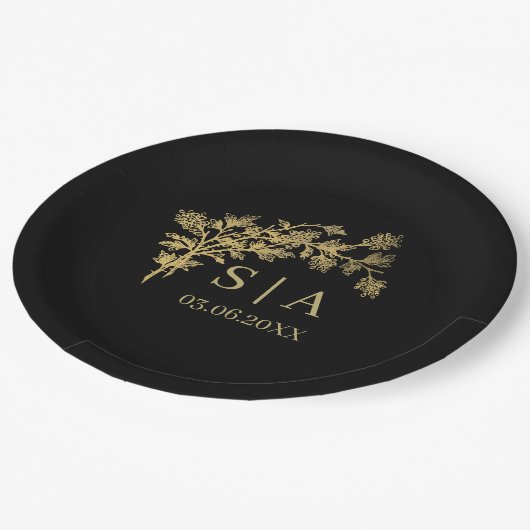 Custom Gold Foil Luxus Botanische Monogram Modern Pappteller (Schrägansicht)