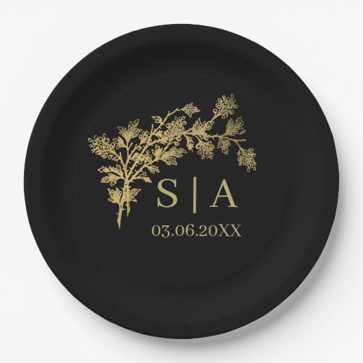 Custom Gold Foil Luxus Botanische Monogram Modern Pappteller (Vorderseite)