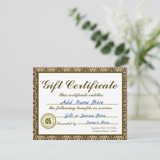 Custom Gold Gift Certificate for Invitations Einladung (Stehend Vorderseite)