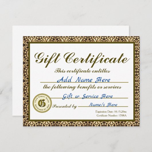 Custom Gold Gift Certificate for Invitations Einladung (Vorne/Hinten)