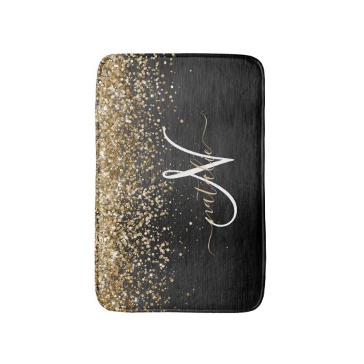 Custom Gold Glitzer Black Sparkgram Monogram Badematte (Vorderseite Vertikal)