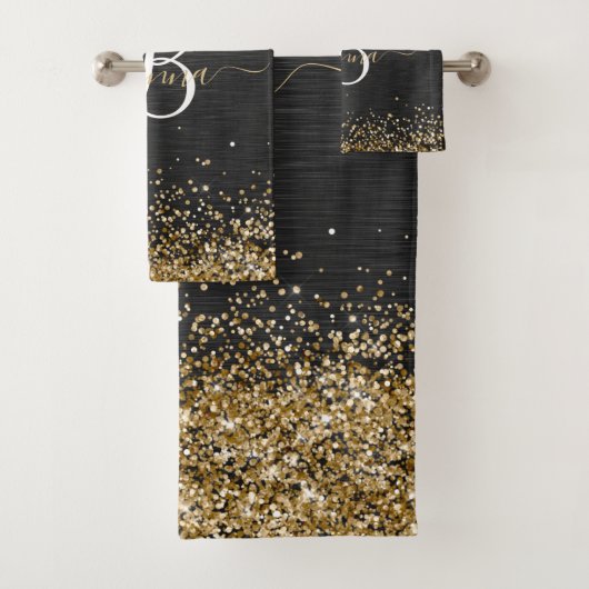 Custom Gold Glitzer Black Sparkgram Monogram Badhandtuch Set (Insitu)