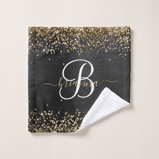 Custom Gold Glitzer Black Sparkgram Monogram Badhandtuch Set (Waschlappen)