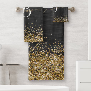 Custom Gold Glitzer Black Sparkgram Monogram Badhandtuch Set