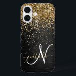 Custom Gold Glitzer Black Sparkgram Monogram iPhone 16 Hülle<br><div class="desc">Dieses elegante und elegante Handy-Gehäuse mit hübschem vergoldeten Glitzer auf schwarz gebürstetem metallischem Hintergrund ist einfach zu personalisieren.</div>
