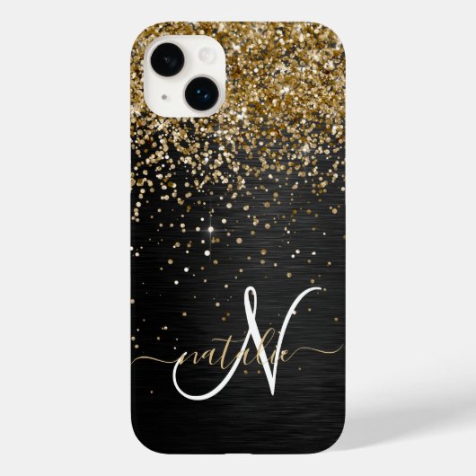 Custom Gold Glitzer Black Sparkgram Monogram Case-Mate iPhone Hülle (Rückseite)