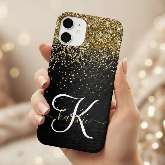 Custom Gold Glitzer Black Sparkgram Monogram Case-Mate iPhone Hülle