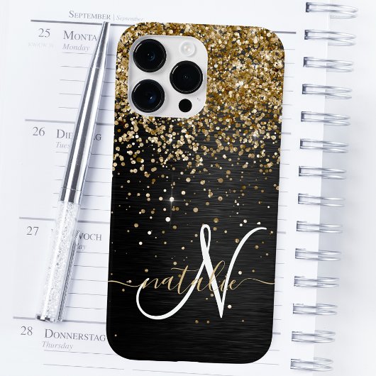 Custom Gold Glitzer Black Sparkgram Monogram Case-Mate iPhone Hülle