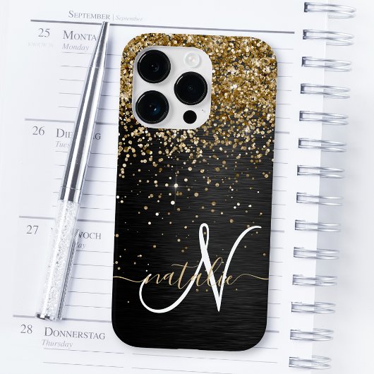 Custom Gold Glitzer Black Sparkgram Monogram Case-Mate iPhone Hülle