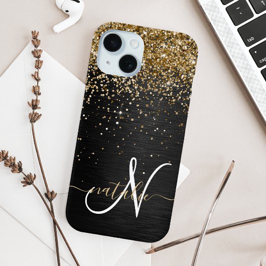 Custom Gold Glitzer Black Sparkgram Monogram Case-Mate iPhone Hülle