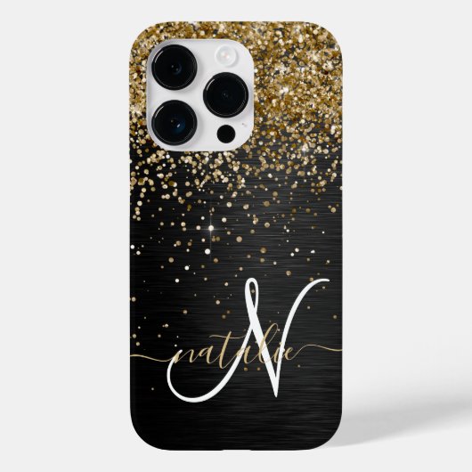 Custom Gold Glitzer Black Sparkgram Monogram Case-Mate iPhone Hülle (Rückseite)