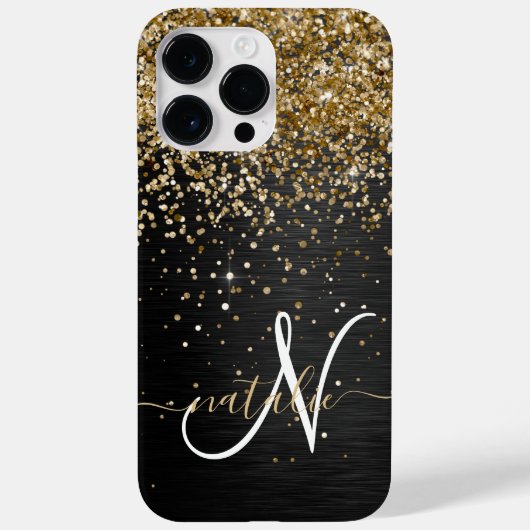 Custom Gold Glitzer Black Sparkgram Monogram Case-Mate iPhone Hülle (Rückseite)