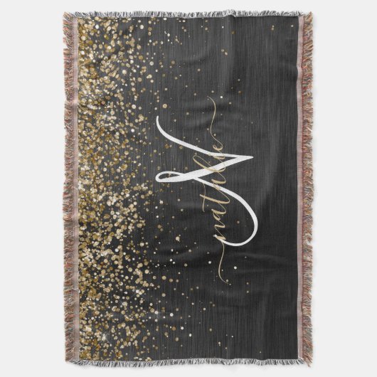 Custom Gold Glitzer Black Sparkgram Monogram Decke (Vorderseite Vertikal)