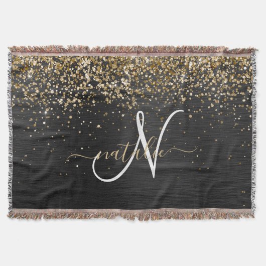 Custom Gold Glitzer Black Sparkgram Monogram Decke (Vorderseite)