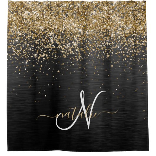 Custom Gold Glitzer Black Sparkgram Monogram Duschvorhang (Vorderseite)