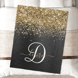 Custom Gold Glitzer Black Sparkgram Monogram Fleecedecke