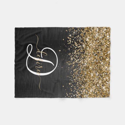 Custom Gold Glitzer Black Sparkgram Monogram Fleecedecke (Vorderseite (Horizontal))