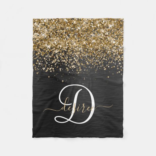 Custom Gold Glitzer Black Sparkgram Monogram Fleecedecke (Vorderseite)
