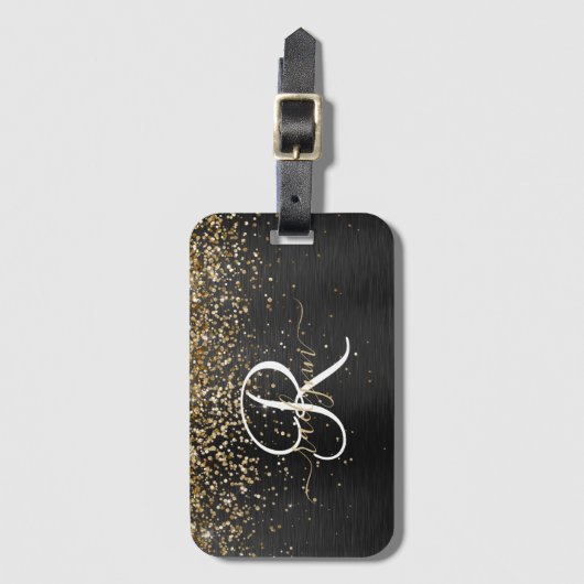 Custom Gold Glitzer Black Sparkgram Monogram Gepäckanhänger (Vorderseite Vertikal)