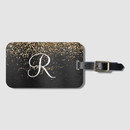 Custom Gold Glitzer Black Sparkgram Monogram Gepäckanhänger (Vorderseite (Horizontal))