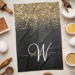 Custom Gold Glitzer Black Sparkgram Monogram Geschirrtuch<br><div class="desc">Dieses trendige,  elegante Küchentücher-Design mit hübschem vergoldetem Glitzer auf schwarz gebürstetem metallischem Hintergrund ist einfach zu personalisieren.</div>