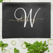 Custom Gold Glitzer Black Sparkgram Monogram Geschirrtuch (Gefaltet)